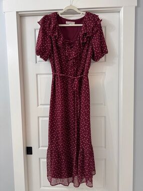 LOFT Wine Floral Ruffle Tie-Waist Maxi Dress